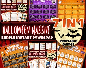 May include: A collection of Halloween-themed printable games and activities. The image features various game bundles, including a scavenger hunt, Q&A, and family feud, with the text "Halloween Massive Bundle Instant Download". The color scheme is orange, purple, and black.