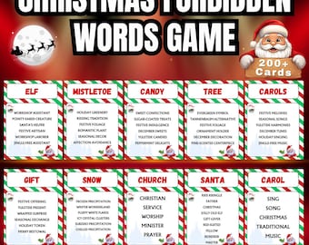 May include: A Christmas-themed game with the title "Christmas Forbidden Words Game" displayed at the top. The game includes cards with Christmas-related words like "Elf," "Mistletoe," and "Candy," each with a list of forbidden words.