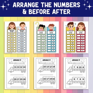 Peut inclure: Feuilles de travail &eacute;ducatives avec le texte "ARRANGE THE NUMBERS & BEFORE AFTER". Les feuilles de travail pr&eacute;sentent des exercices de s&eacute;quences de nombres et des activit&eacute;s de classement de nombres sur le th&egrave;me des camions. Des bordures color&eacute;es et des illustrations d'enfants sont incluses.
