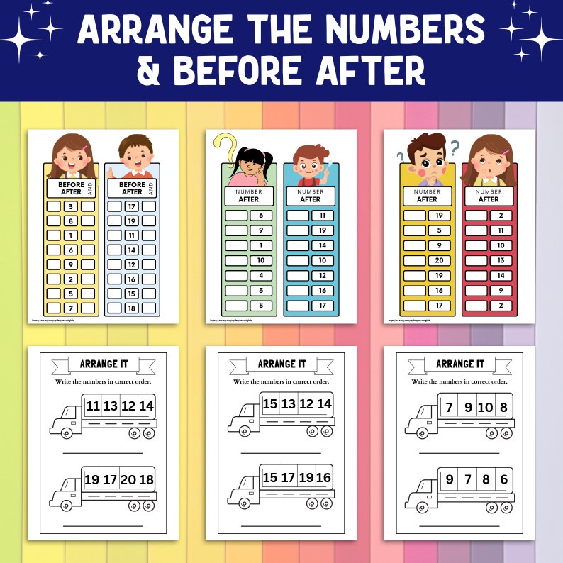 Peut inclure: Feuilles de travail &eacute;ducatives avec le texte "ARRANGE THE NUMBERS & BEFORE AFTER". Les feuilles de travail pr&eacute;sentent des exercices de s&eacute;quences de nombres et des activit&eacute;s de classement de nombres sur le th&egrave;me des camions. Des bordures color&eacute;es et des illustrations d'enfants sont incluses.