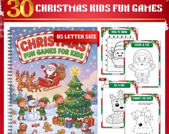 Paquete de juegos navideños, juegos de colorear y recortar, juegos de unir puntos, páginas para colorear navideñas, descarga instantánea