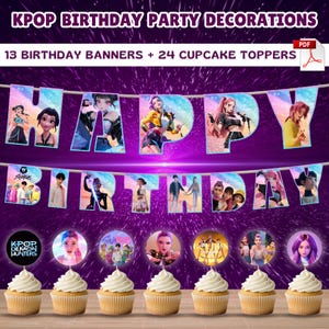 Peut inclure: Décorations de fête d'anniversaire K-Pop avec des bannières "HAPPY BIRTHDAY" et des décorations de cupcakes. Les bannières et les décorations présentent des images de stars de la K-Pop. L'image comprend des cupcakes avec des décorations et le texte "KPOP BIRTHDAY PARTY DECORATIONS".