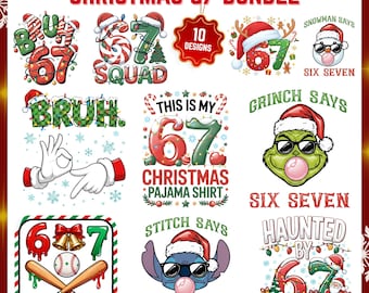 Paquete de imágenes PNG de Papá Noel diciendo "67" con temática navideña divertida, imágenes PNG de Papá Noel diciendo "Seis Siete", paquete de imágenes PNG navideñas con el número 67 para camisetas, archivo de sublimación navideña con el número 67