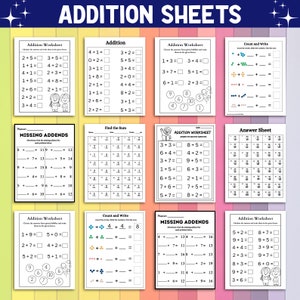 Peut inclure: Feuilles d'exercices d'addition pour enfants. Les feuilles pr&eacute;sentent des probl&egrave;mes d'addition, des additions manquantes et des exercices de comptage. Le titre "ADDITION SHEETS" est affich&eacute; en haut.