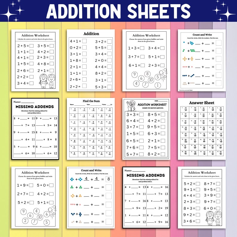 Peut inclure: Feuilles d'exercices d'addition pour enfants. Les feuilles pr&eacute;sentent des probl&egrave;mes d'addition, des additions manquantes et des exercices de comptage. Le titre "ADDITION SHEETS" est affich&eacute; en haut.