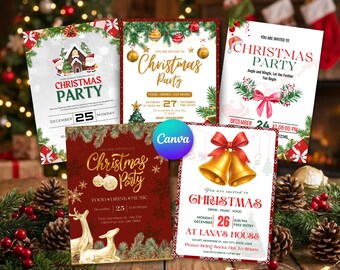 Invitaciones editables para fiesta de Navidad con diseño de lazo rojo (plantilla digital)