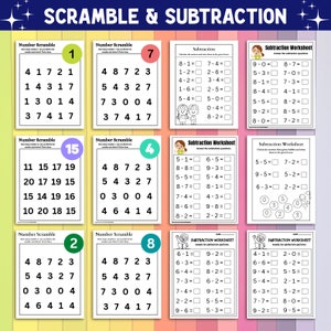 Peut inclure: Feuilles de calcul &eacute;ducatives pour enfants avec des jeux de nombres et des probl&egrave;mes de soustraction. Les pages comportent des cercles color&eacute;s avec des chiffres et des &eacute;quations de soustraction. Le texte "SCRAMBLE & SUBTRACTION" est en haut.