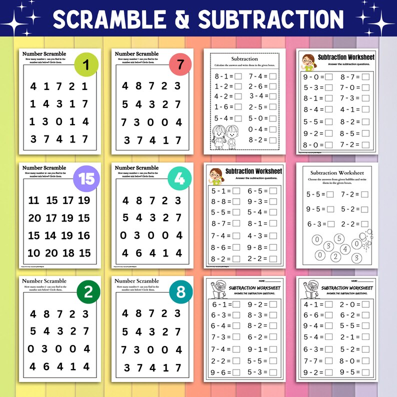 Peut inclure: Feuilles de calcul &eacute;ducatives pour enfants avec des jeux de nombres et des probl&egrave;mes de soustraction. Les pages comportent des cercles color&eacute;s avec des chiffres et des &eacute;quations de soustraction. Le texte "SCRAMBLE & SUBTRACTION" est en haut.
