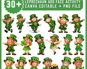 Actividad de añadir cara de duende para el Día de San Patricio, decoración para tablón de anuncios (edición en Canva, PDF) Paquete de más de 30 divertidos recortes de caras de San Patricio, regalo para niños