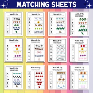Peut inclure: Plusieurs feuilles de correspondance &eacute;ducatives, intitul&eacute;es "MATCHING SHEETS". Chaque feuille pr&eacute;sente des chiffres associ&eacute;s &agrave; des images d'objets tels que des ballons de football, des fleurs et des chaussures. Ces feuilles sont con&ccedil;ues pour l'apprentissage et les activit&eacute;s &eacute;ducatives.
