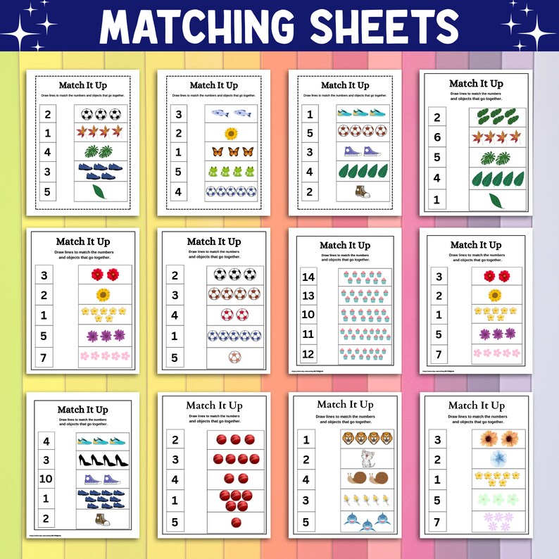Peut inclure: Plusieurs feuilles de correspondance &eacute;ducatives, intitul&eacute;es "MATCHING SHEETS". Chaque feuille pr&eacute;sente des chiffres associ&eacute;s &agrave; des images d'objets tels que des ballons de football, des fleurs et des chaussures. Ces feuilles sont con&ccedil;ues pour l'apprentissage et les activit&eacute;s &eacute;ducatives.