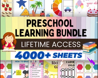 4000+ Preschool Pre-K + Kindergarten Learning Bundle, Activity Worksheets,  Alphabet, Numbers, Shapes, Colors, Coloring pages, Do a Dot