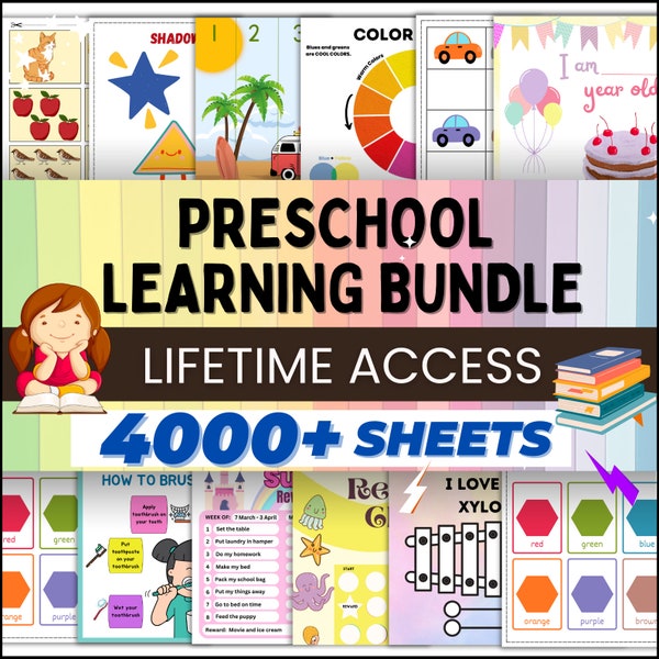 4000+ Preschool Pre-K + Kindergarten Learning Bundle, Activity Worksheets,  Alphabet, Numbers, Shapes, Colors, Coloring pages, Do a Dot