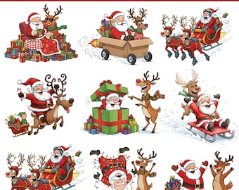 20+ Santa Claus PNG Bundle | Cute Christmas Santa & Reindeer Clipart | Festive Holiday Sublimation | Santa Sleigh PNG | Xmas Clipart
