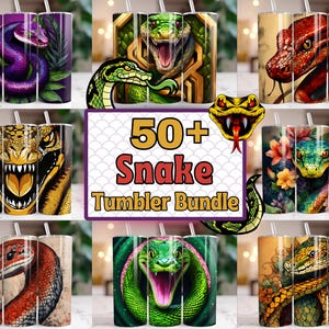 Puede incluir: Un collage digital de más de 50 diseños de serpientes para vasos. Los diseños presentan varias especies de serpientes en diferentes colores y patrones, incluyendo verde, rojo, morado y amarillo. El texto "50+ Snake Tumbler Bundle" se muestra en el centro de la imagen.