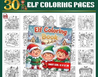 Páginas para colorear de elfos navideños / 30 adorables imprimibles navideños de elfos para niños y adultos / Hojas para colorear de Papá Noel, reno, muñeco de nieve, elfo y regalos