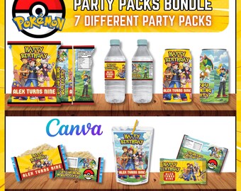 Paquetes para fiestas de cumpleaños de Pokémon: bolsas imprimibles para papas fritas, etiquetas para botellas de agua, etiquetas para chocolate y refrescos, etiquetas para jugos y etiquetas para regalos.