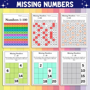 Peut inclure: Tableaux &eacute;ducatifs pour apprendre les nombres, avec des grilles de nombres manquants de 1 &agrave; 20, 1 &agrave; 100 et 1 &agrave; 120. Ces tableaux sont con&ccedil;us pour aider les enfants &agrave; pratiquer les suites num&eacute;riques et &agrave; compl&eacute;ter les blancs. Le titre "Missing Numbers" est en haut.