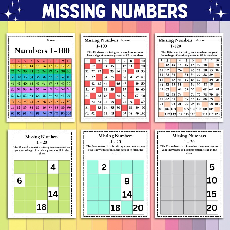 Peut inclure: Tableaux &eacute;ducatifs pour apprendre les nombres, avec des grilles de nombres manquants de 1 &agrave; 20, 1 &agrave; 100 et 1 &agrave; 120. Ces tableaux sont con&ccedil;us pour aider les enfants &agrave; pratiquer les suites num&eacute;riques et &agrave; compl&eacute;ter les blancs. Le titre "Missing Numbers" est en haut.