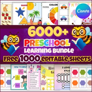Puede incluir: Una imagen colorida que promociona un paquete de aprendizaje preescolar con más de 6.000 hojas de trabajo. La imagen presenta una abeja de dibujos animados sosteniendo un libro, una rueda de colores y varias hojas de trabajo con actividades como aprender colores, formas y cómo cepillarse los dientes. El texto "FREE 1000 EDITABLE SHEETS" se muestra de forma prominente.