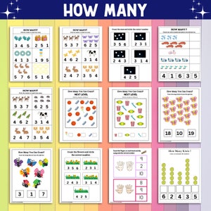 Peut inclure: Une s&eacute;rie de feuilles de calcul &eacute;ducatives intitul&eacute;es &laquo;&nbsp;HOW MANY&nbsp;?&nbsp;&raquo; avec des exercices de comptage. Les feuilles de calcul pr&eacute;sentent des images d'objets tels que des gants, des papillons et des &eacute;toiles, avec des choix de nombres correspondants.