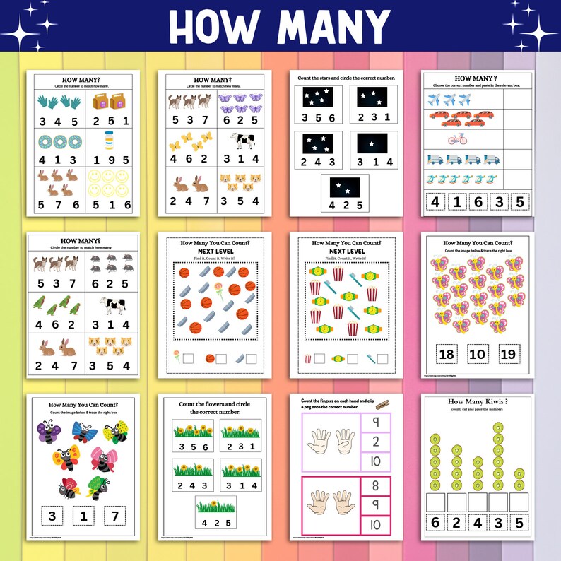 Peut inclure: Une s&eacute;rie de feuilles de calcul &eacute;ducatives intitul&eacute;es &laquo;&nbsp;HOW MANY&nbsp;?&nbsp;&raquo; avec des exercices de comptage. Les feuilles de calcul pr&eacute;sentent des images d'objets tels que des gants, des papillons et des &eacute;toiles, avec des choix de nombres correspondants.