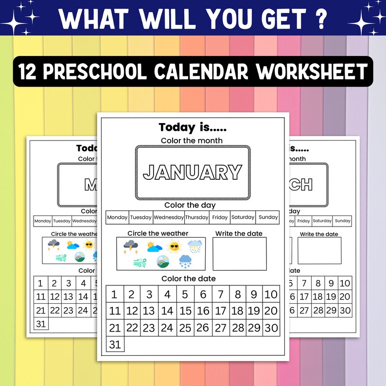 12 Printable Preschool Calendar Worksheet Pages Month, Day, Date ...