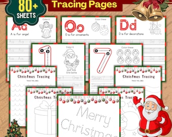 Paquete de actividades navideñas para niños con páginas para trazar el alfabeto navideño, páginas de actividades navideñas, hojas para trazar el alfabeto navideño y hojas de carreras imprimibles.