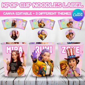 Puede incluir: Un conjunto de tres etiquetas de fideos en taza KPOP con los nombres Mira, Rumi y Zoye. Cada taza presenta un personaje animado diferente y un cuenco de fideos. Las etiquetas son en tonos de rosa, morado y amarillo, con el texto "KPOP CUP NOODLES LABEL".