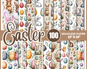 100 Easter Seamless Digital Papers Bundle | Watercolor Bunny Backgrounds | Easter Eggs & Spring Floral Patterns | Sublimation Scrapbook PNG