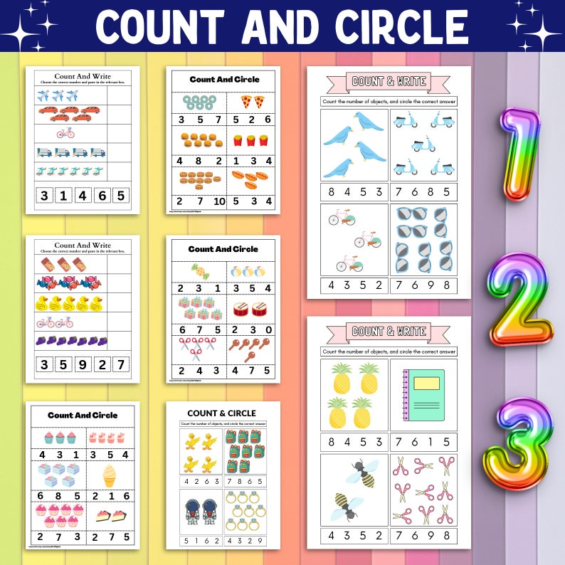 Peut inclure: Feuille de travail &eacute;ducative pour enfants intitul&eacute;e "Compter et encercler". Elle pr&eacute;sente des exercices de comptage avec des illustrations color&eacute;es d'objets tels que des voitures, des canards et des glaces. Comprend les chiffres 1, 2 et 3 en d&eacute;grad&eacute; arc-en-ciel.