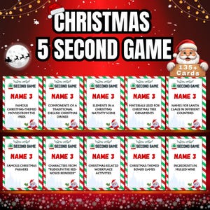 Puede incluir: Un juego de Navidad rojo y verde con más de 135 cartas. Las cartas están divididas en 10 categorías, cada una con un tema diferente de Navidad. El juego se llama "Christmas 5 Second Game".