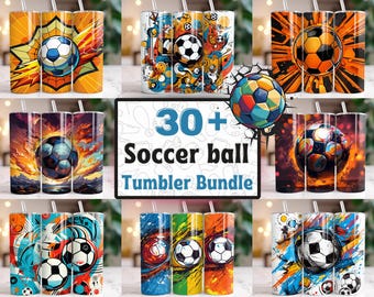 May include: A set of 30+ colourful soccer ball themed tumblers. The tumblers feature various designs with soccer balls, abstract patterns, and splashes of colour. The text "30+ Soccer ball Tumbler Bundle" is displayed in the centre of the image.