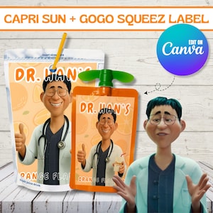 May include: Two juice pouches with the text "DR. HAN'S" and "ORANGE FLA" are displayed. One pouch has a straw, and the other has a green cap. The image also includes a cartoon illustration of a doctor and the text "Fruit juice drink".