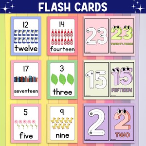 Peut inclure: Ensemble de cartes flash color&eacute;es avec des chiffres et des illustrations. Les cartes pr&eacute;sentent des nombres comme 12, 14, 17, 3, 5, 9, 23, 15 et 2, ainsi que leurs formes &eacute;crites. Le design est ludique.