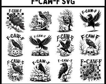 May include: A black and white digital artwork featuring crows, skulls, and floral designs. The text "F-CAW-F SVG" is at the top, with "12 PNG + SVG FILES" at the bottom. The image presents multiple designs, ideal for Halloween or gothic-themed projects.