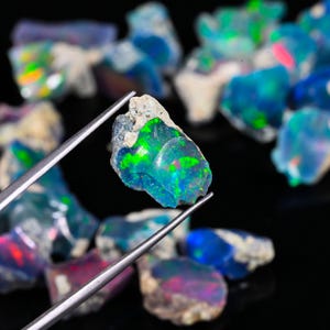 May include: A close-up of a rough opal held by tweezers, showcasing vibrant green, blue, and red flashes. The opal is set against a backdrop of other opals, highlighting the gemstone's natural beauty and color variations.