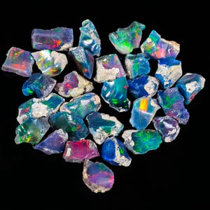 May include: A collection of raw opal gemstones, displaying a variety of colors including blue, green, red, and purple. The opals have a rough, natural texture and are set against a black background.