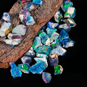 May include: A collection of raw opal gemstones in various shades of blue, green, and purple, with flashes of color. The opals are scattered on and around a piece of dark brown wood, set against a black background.