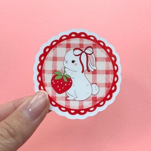 Coquette Bunny Sticker | Whimsical Bunny & Strawberry Sticker | Coquette Sticker | Gingham Print
