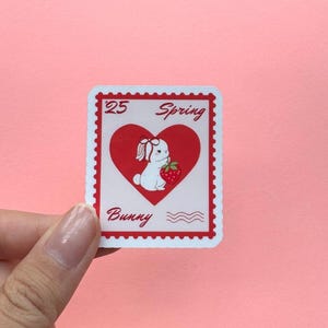 Handmade Spring Bunny Stamp Sticker - Coquette Pink and Red Vintage Style - Stamp Sticker