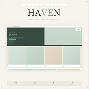 May include: A website design mockup with the word "HAVEN" in a serif font. The website features a dark green and light green colour scheme with the text "Your wellness, elevated." Below are colour swatches and numerical data.