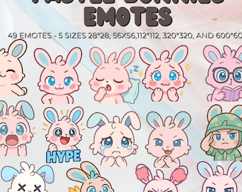 Pastel Bunny Emote Pack: Chibi Twitch/Discord Streamer Assets (PNG Digital Download