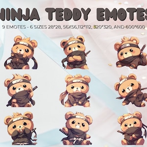May include: Nine digital emoticons featuring a brown teddy bear wearing a black ninja outfit with a headband. The teddy bear is holding a katana sword in each image. The emoticons are in various poses, including standing, sitting, and lying down.