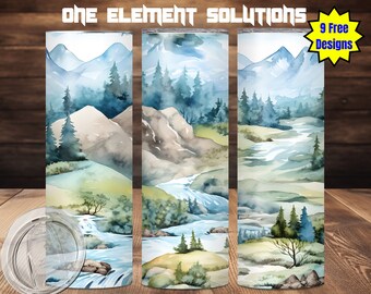 Mountain watercolor tumbler wrap 20oz tumbler wrap Skinny tumbler Sublimation Download PNG seamless Rocky Mountain and river nature tumbler