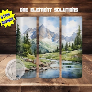 Rocky Mountain Watercolor Tumbler Wrap: Seamless River Scene (PNG Digital Download)