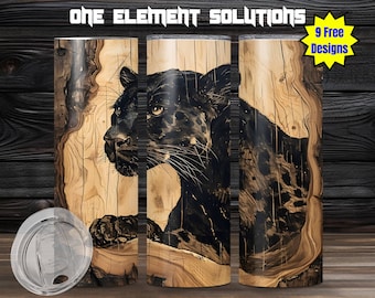 Wooden black panther engraved tumbler wrap 20oz Skinny tumbler Sublimation instant Download PNG nature wood cut panther, laser cut wood burn