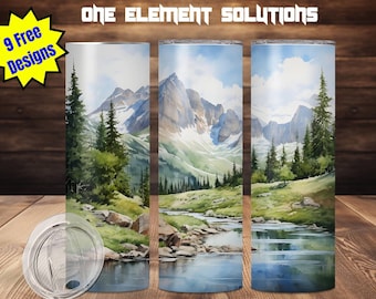 Rocky Mountain Watercolor Tumbler Wrap: Seamless design River Scene, 20oz straight and tapered image. Sublimation ready PNG Digital Download