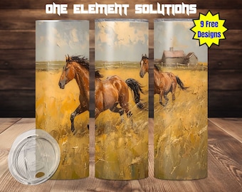Running horses tumbler wrap 20oz skinny tumbler Sublimation design Instant Download png impressionism painting style equestrian art tumbler