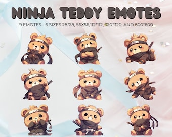 Ninja Teddy Bear emote pack, streaming platform twitch discord youtube, anime cute chibi bear, ready to use instant download streamer assets